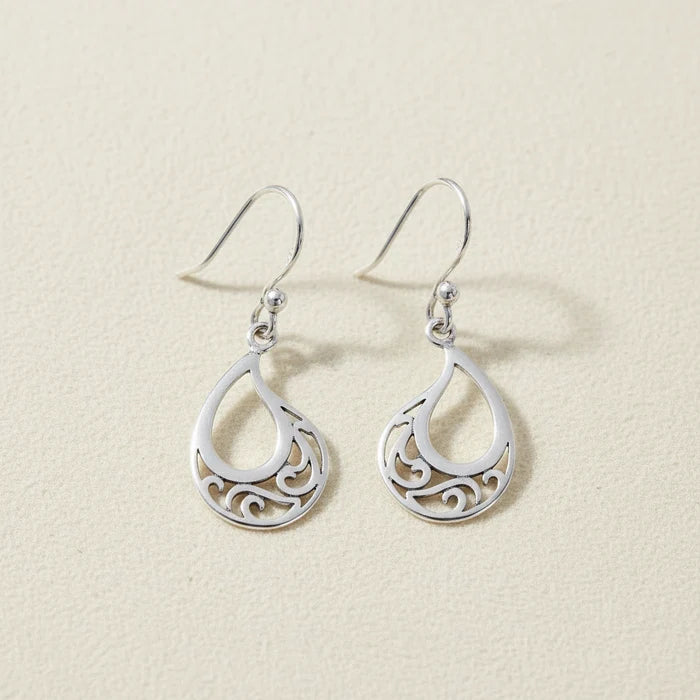 Silver teardrop filigree dangle earrings with looped hooks and small bead