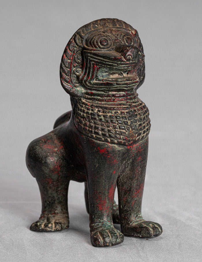 Temple Lion - Antique Khmer Style Bronze Standing Temple Guardian or Lion - 12cm/5"