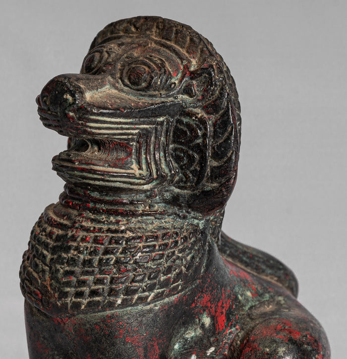 Temple Lion - Antique Khmer Style Bronze Standing Temple Guardian or Lion - 12cm/5"