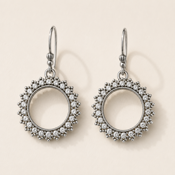 Silver-tone crystal drop earrings with round halo and dangling hoop closure