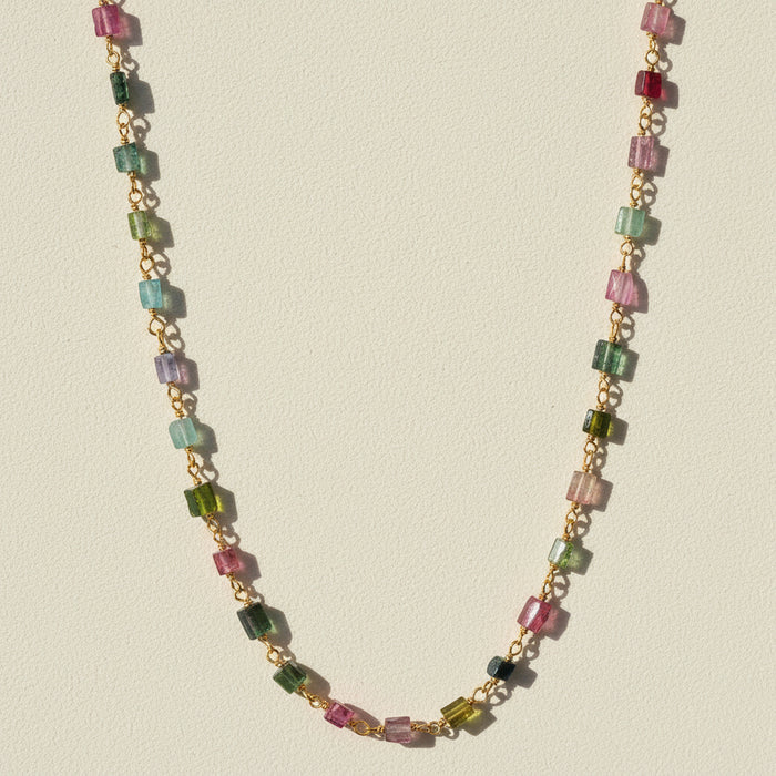 Multicolor chicklet-style necklace with faceted square beads