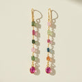 Gold-tone dangle earrings with multicolor faceted stones and pink round drop