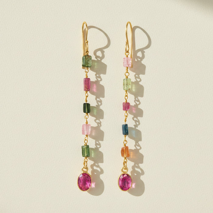 Gold-tone dangle earrings with multicolor faceted stones and pink round drop