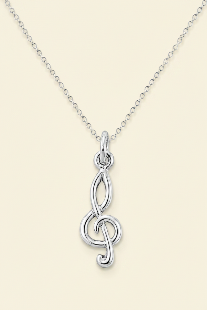 Silver-tone treble clef pendant on link chain with three interlocking loops