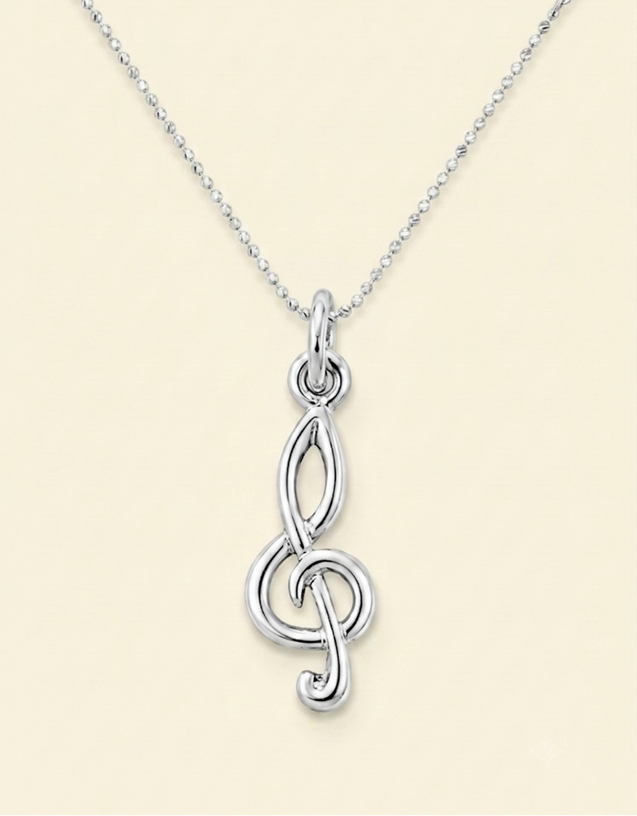 Silver-tone treble clef pendant with interlocking loop design on chain