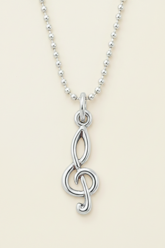 Silver-tone treble clef charm pendant on beaded chain with raised loop detail