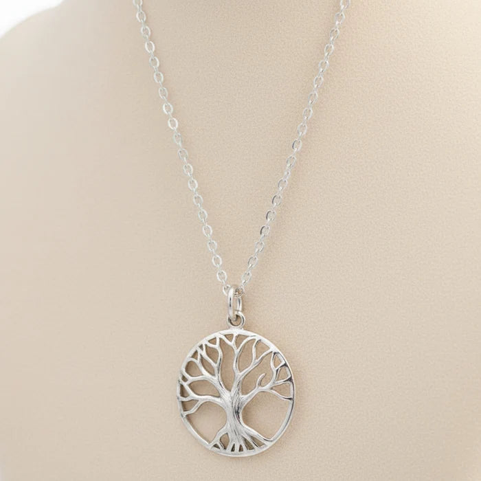 Silver tree of life necklace with round tree pendant on link chain