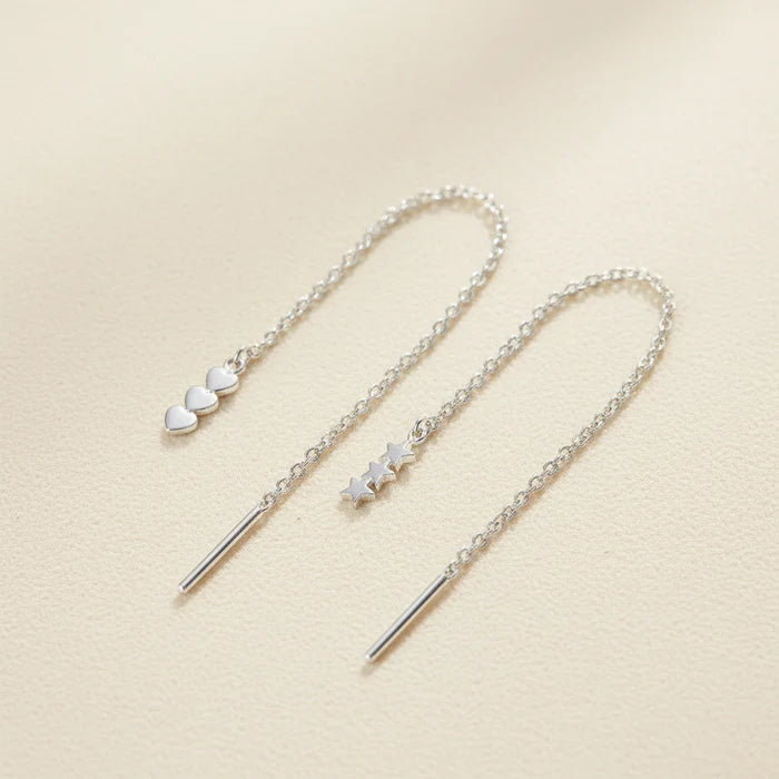 Sterling silver threader earrings with triple hearts and star charm drops