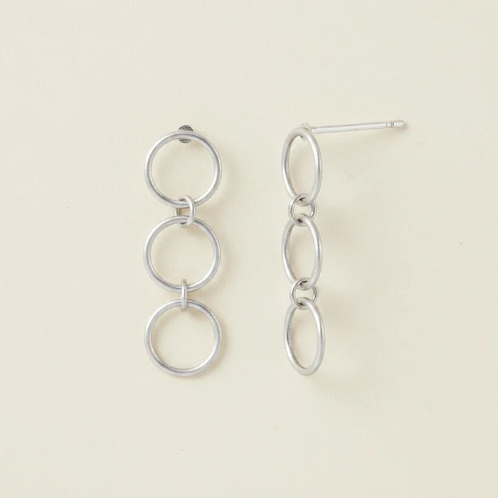 Triple loop hoop post earrings, three linked round hoops in silver-tone metal