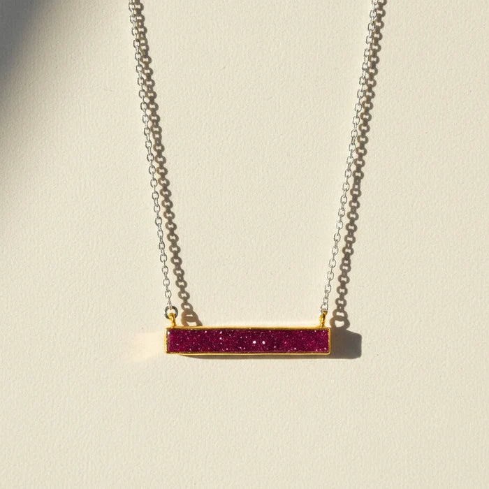Two-tone druzy bar necklace with magenta purple rectangular pendant on gold chain