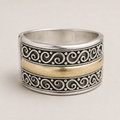 Two-tone filigree band ring with engraved scroll pattern, silver and gold-tone