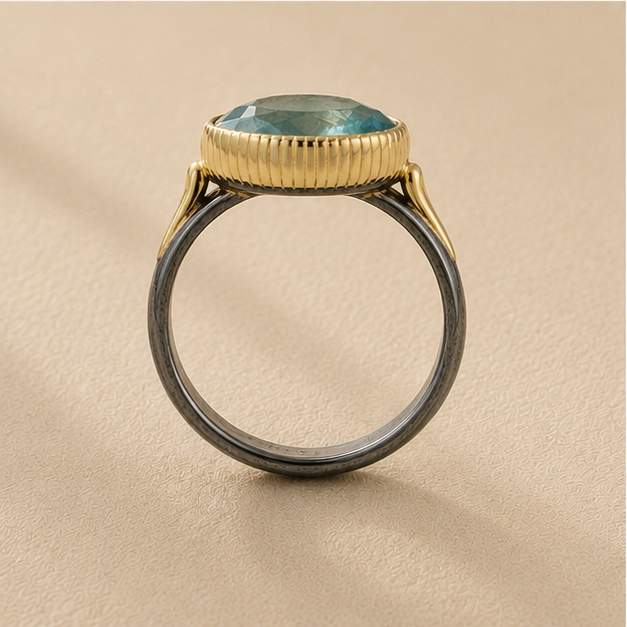 Two-tone apatite ring top view: oval blue-green stone in ribbed gold bezel on dark silver band
