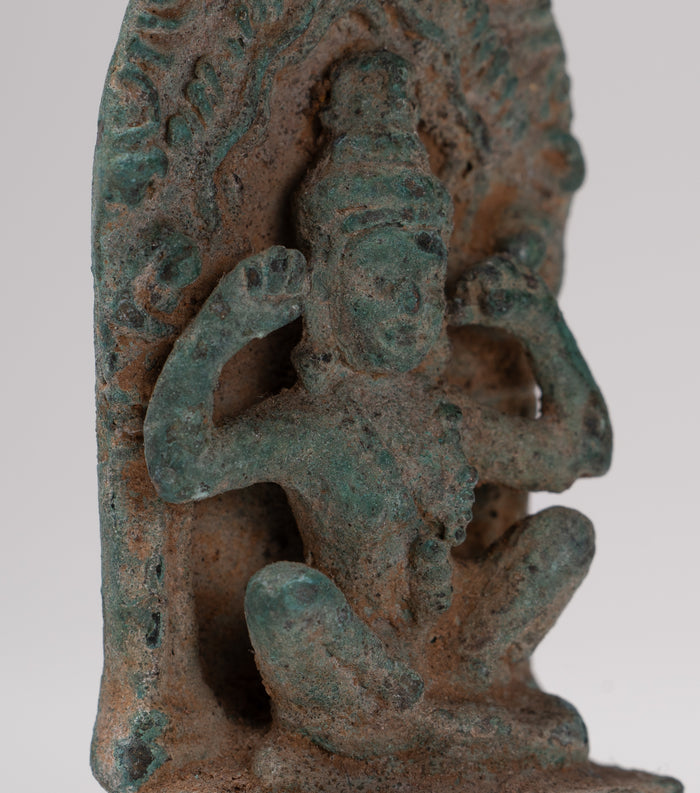 Vishnu Statue - Antique Khmer Style Bronze Seated 'Hear No Evil' Statue - 7.5cm / 3"