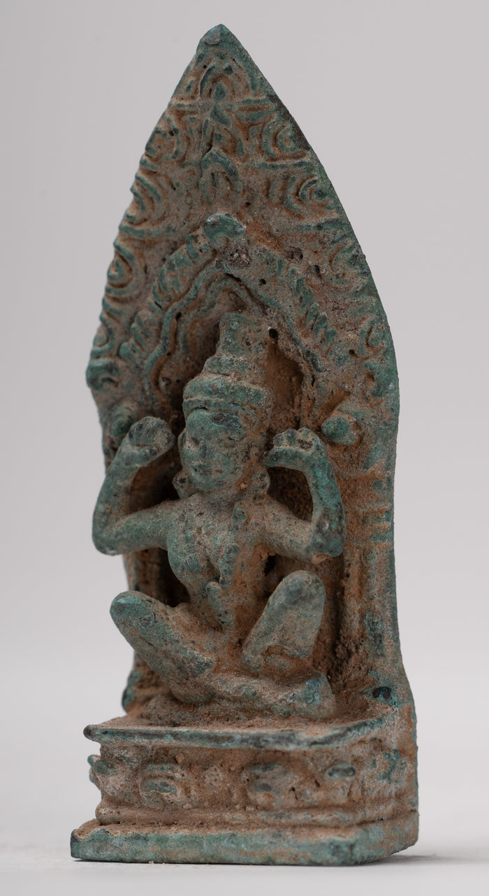 Vishnu Statue - Antique Khmer Style Bronze Seated 'Hear No Evil' Statue - 7.5cm / 3"