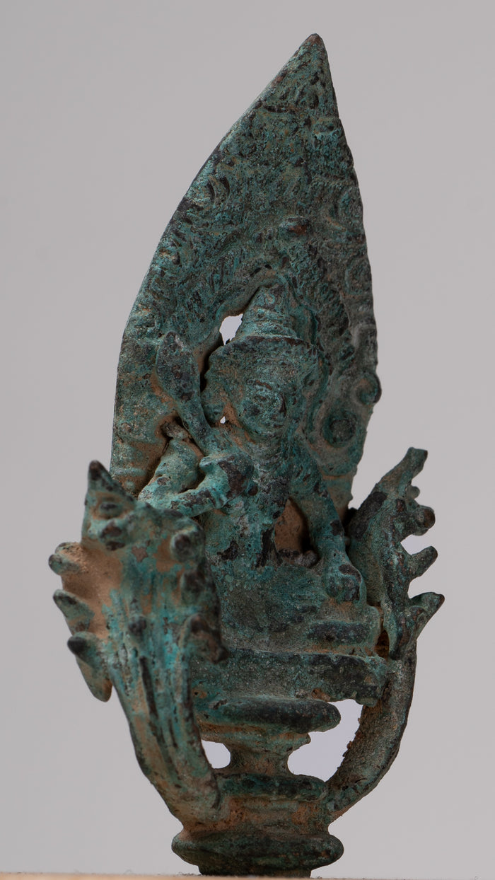 Vishnu Statue - Antique Khmer Style Enthroned Bronze Seated Vishnu Statue - 14cm/6"