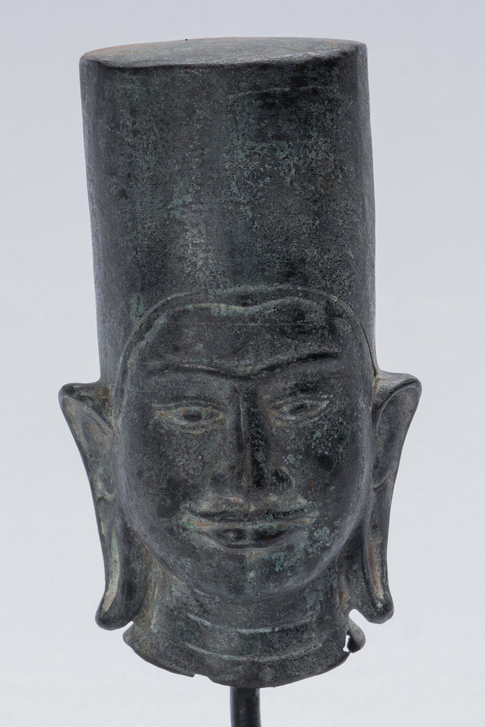 Vishnu Statue - Antique Phnom Da Style Mounted Bronze Khmer Vishnu Head - 19cm/8"
