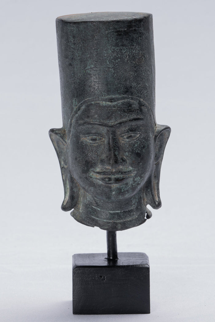 Vishnu Statue - Antique Phnom Da Style Mounted Bronze Khmer Vishnu Head - 19cm/8"