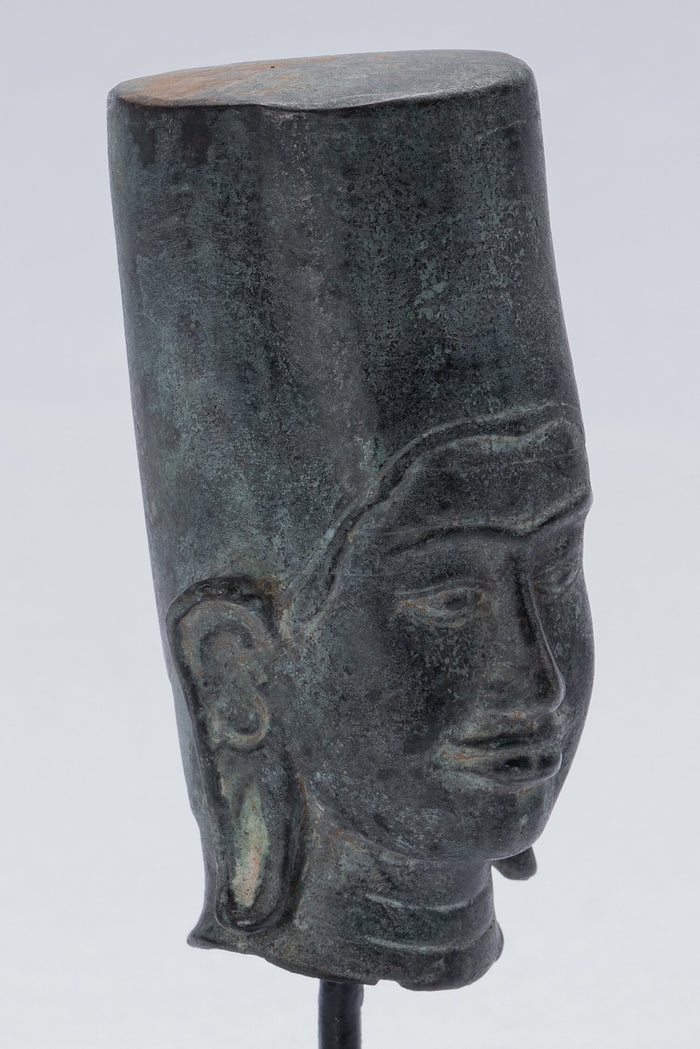 Vishnu Statue - Antique Phnom Da Style Mounted Bronze Khmer Vishnu Head - 19cm/8"