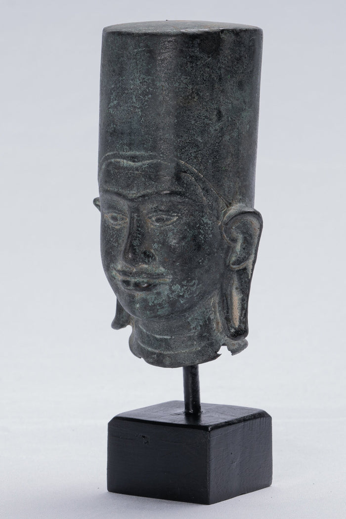 Vishnu Statue - Antique Phnom Da Style Mounted Bronze Khmer Vishnu Head - 19cm/8"