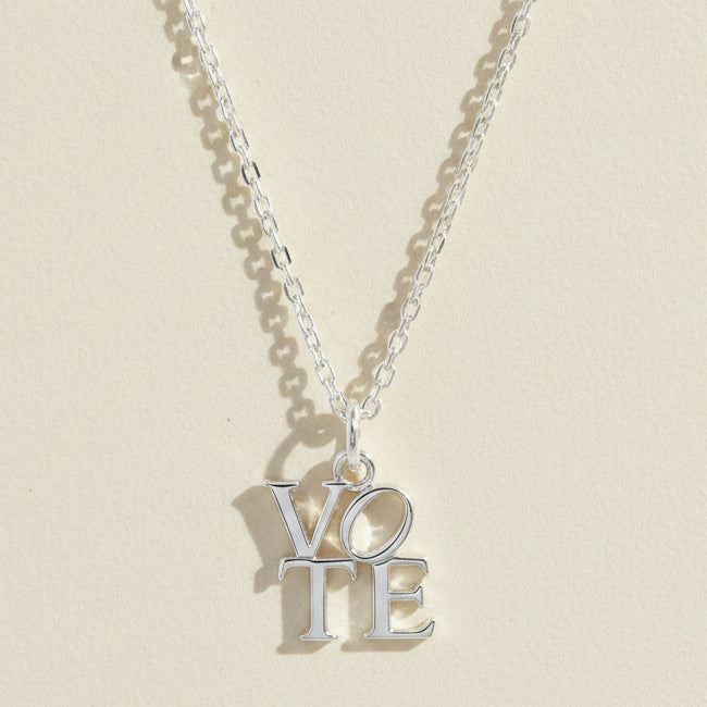 Silver-tone vote necklace with VOTE letter pendant and link chain