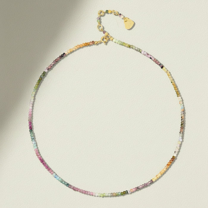 Beaded gemstone choker necklace with multicolor round beads and lobster clasp